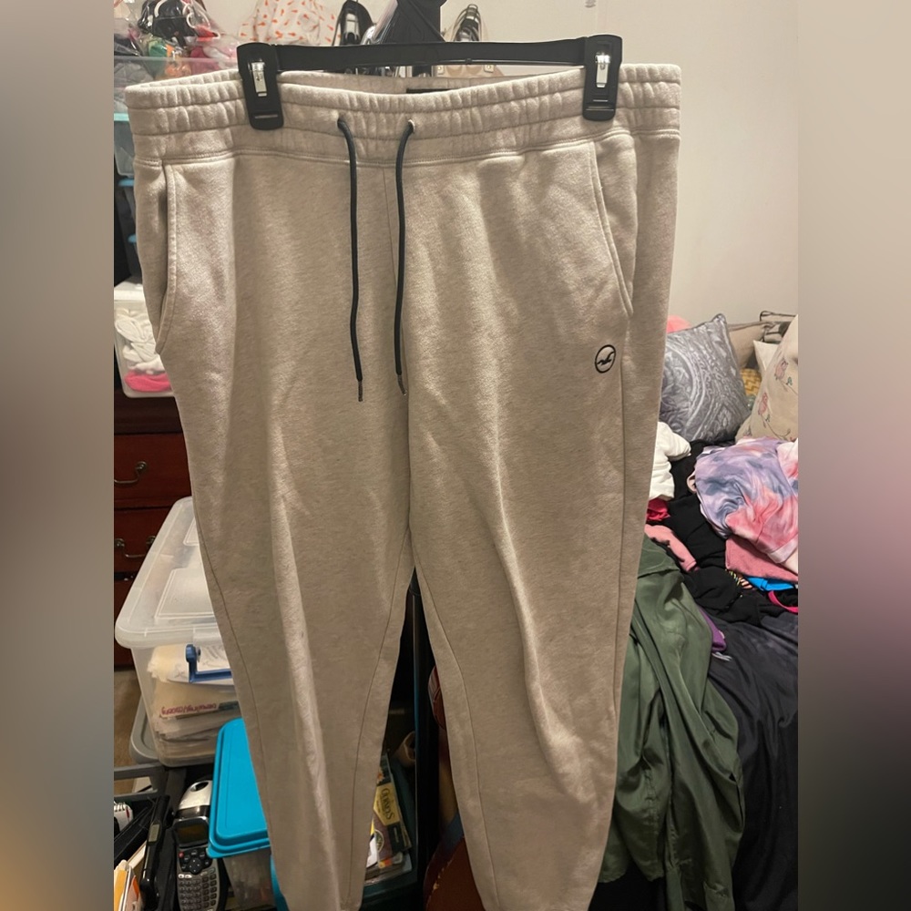 Tan With dark blue string & embroidery Large Hollister sweatpants